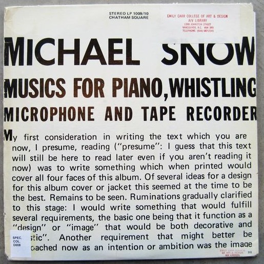 Michael Snow - Musics For Piano, Whistling, Microphone And Tape Recorder - 2LP